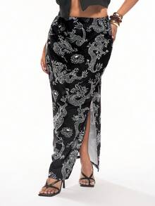 Solavibe 女性加大碼龍紋劈叉裙