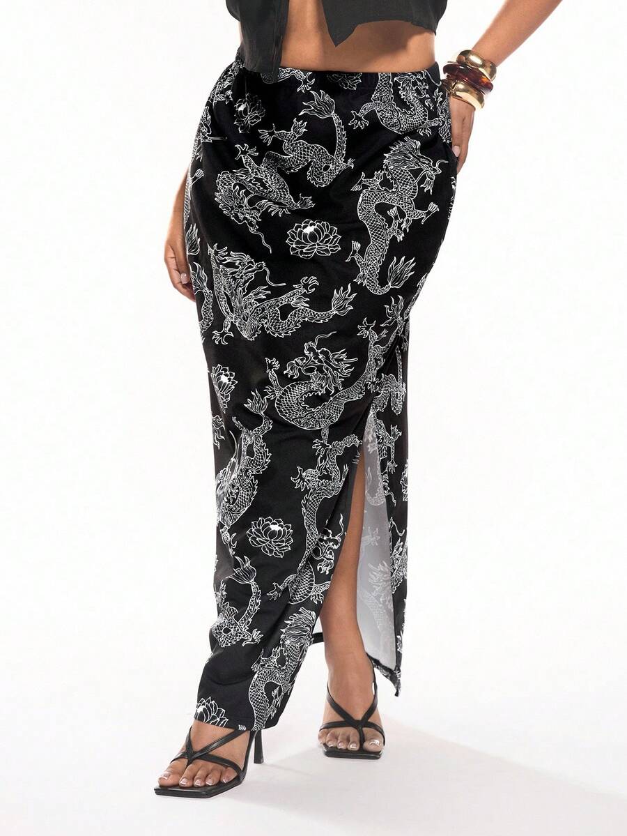 Solavibe 女性加大碼龍紋劈叉裙