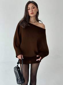 Aloruh Y2K 风格百搭不对称肩长袖修身腰身毛衣裙，休闲/通勤，秋冬复古美式美学