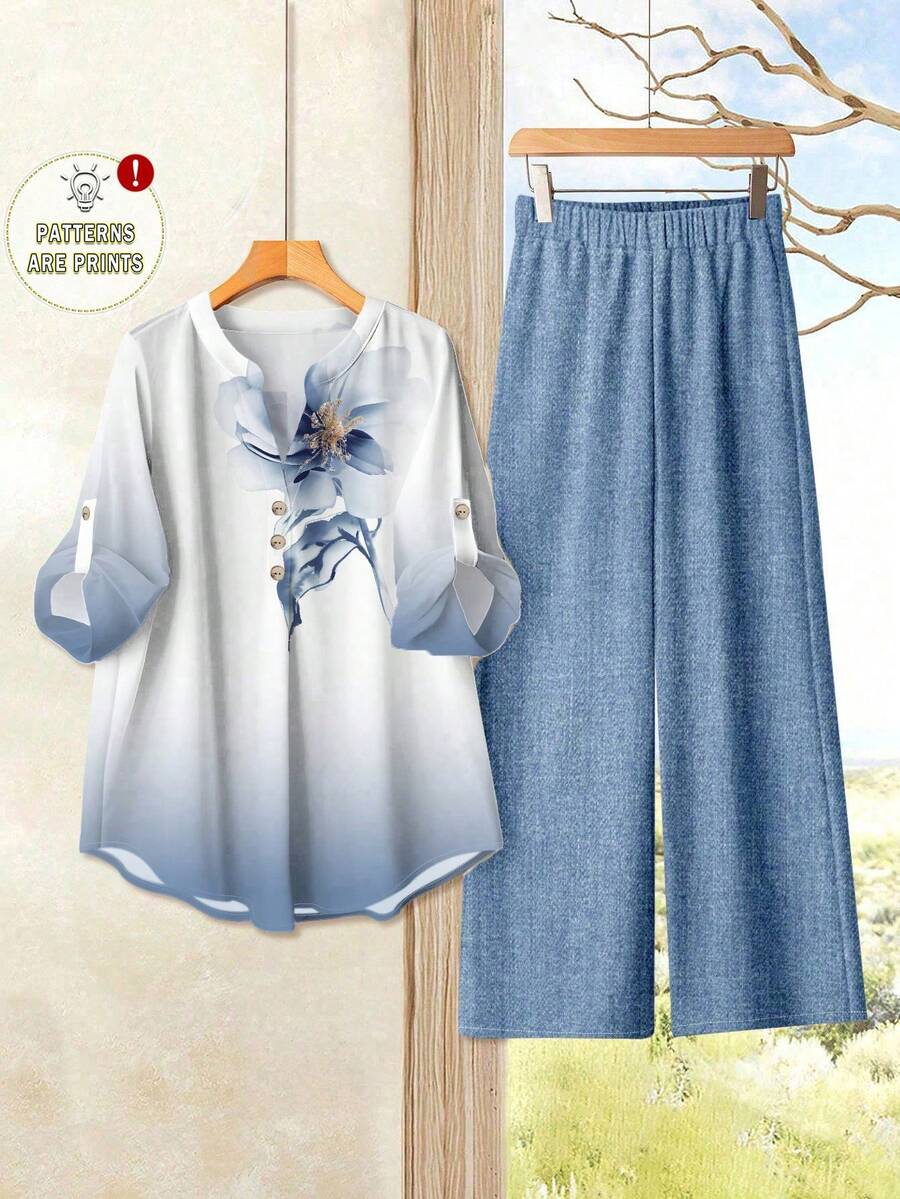 Rusticease Women's Casual Watercolor Floral Print Long Sleeve 2 Pieces Set, Suitable For Autumn/Winter Ladies Casual Sets Fall Outfits For Women Blouse And Pants Set