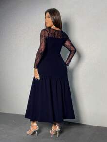 Viva Relle Große Größen Spitzen-Ärmel weit geschnittenes minimalistisches sexy Jumpsuit-Kleid - marineblau - Übersicht 2