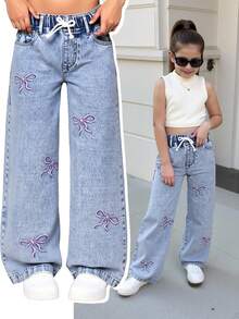 Sparklyn Tween Girls Denim Jeans, Y2K Style, Casual & School, Loose Wide-Leg, Suitable For Spring, Summer, Autumn, Winter Fall Bow Embroidery Jeans - Light Wash - View 3