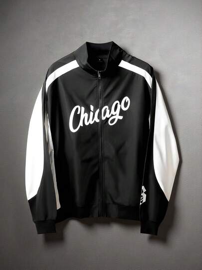 Aesthetic Post 男士秋季字母图形撞色拉链领休闲夹克，芝加哥黑白运动夹克，拉链校队户外风衣