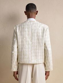 AKNOTIC Business Casual Men's Elegant Commuter Tweed Brooch Decor Long Sleeve Jacket, For Fall, Winter, Christmas, New Year Glamour - Beige - View 7