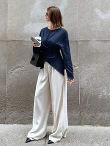 Siren Gaze Damen Einfarbige Bluse mit rundem Ausschnitt, Kreuzdetail und asymmetrischem Saum, Langarm - Blau - Übersicht 8