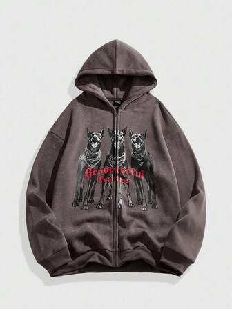 Street Life Men's Autumn/Winter Letter & Dog Print Zip-Up Hoodie Sweatshirt