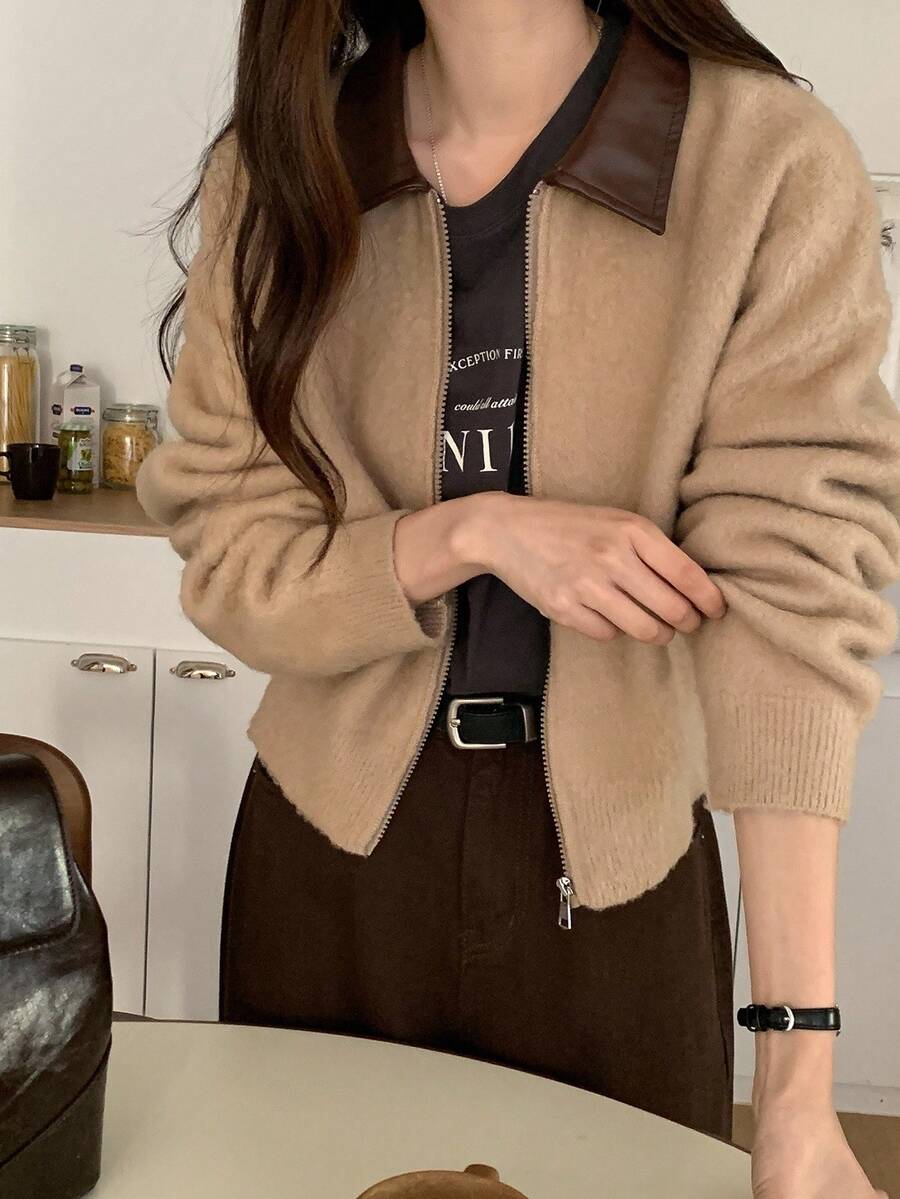 DAZY 女式 PU 拼色落肩休闲拉链针织开衫 秋冬款 - 卡其色 - 查看 1