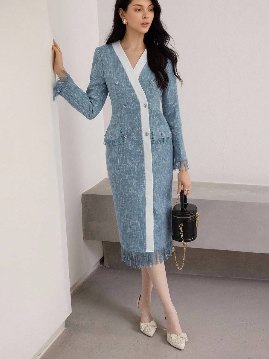 Modelyn 女式拼色V领流苏束腰优雅派对连衣裙 - 彩色 - 查看 1