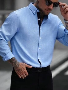 Manfinity Mode Men's Business Casual Plaid Long Sleeve Shirt, Fall