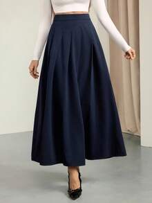 SHEIN Tall Váy dài đi làm thanh lịch xếp ly màu trơn cho nữ, phong cách thường ngày mùa thu đông, Lễ Tạ ơn, thường ngày, váy thanh lịch, phong cách công sở đi làm - Màu xanh lam - Xem 5