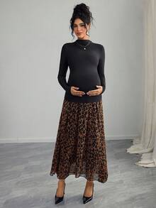 Momance Maternity Solid Stand Collar Long Sleeve T-Shirt And Leopard Print Midi Skirt Elegant 2-Piece Set, Autumn - Multicolor - View 3