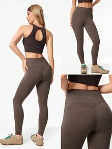 GLOWMODE Leggings de cintura alta sin costura frontal de 26" Softy Velvaire con bolsillos laterales, para yoga de bajo impacto, pilates, uso diario y casual - Marrón - Ver 8