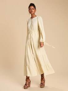 Travachic 度假休闲纯色长袖系带连衣裙 - 杏色 - 查看 6