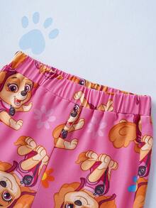 SHEIN | PAW Patrol 2pcs/Set Young Girl Cartoon Cute Puppy Print Pink Knit Loose Fit Crew Neck Cap Sleeve Sweatshirt And Floral All-Over Print Flared Pants, Autumn/Winter Fall - Pink - View 5