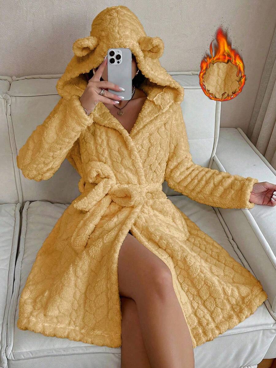 SHEIN 女士毛绒提花动物耳朵连帽束腰睡袍,适合秋冬季节,蓬松柔软 - 黃色 - 查看 1