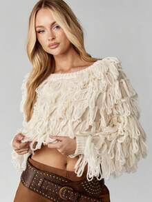 MISSGUIDED Luxury Loop Knit Cropped Sweater Fall Winter Chunky Fringe Boho Oversized Drop Shoulder Long Sleeve Cozy Pullover