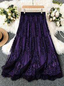 DreamSkyne 大码女式蕾丝拼布休闲百搭半身裙 - 紫色 - 查看 2