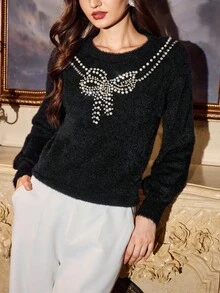Vintamour Vintage Classic Elegant Party Women Sweater, Autumn/Winter Loose Faux Fur Rhinestone Pearl Knit Long Sleeve Black Sweater Winter Clothes For Women New Year Women's Clothes Sparkly Sweater Black Top - Black - View 5