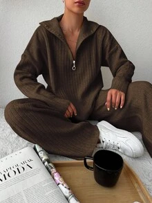 EURMUSE Drop Shoulder Zipper Half Open Knitted Sweater And Pants Two Piece Set - Rust Brown - View 4