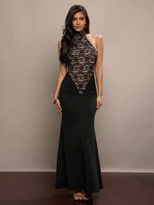 Hauture Lace Jersey Drop Waist Open Back Halter Neck Dress - Elegant Gathered Detail - Black - View 3