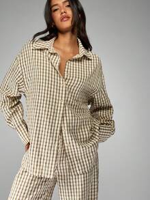 MISSGUIDED Bộ đồ vải lanh kẻ caro màu nâu be, quần ống rộng Palazzo, áo sơ mi cài nút cỡ lớn, trang phục thường ngày thu đông hai mảnh - xanh quân đội - Xem 3