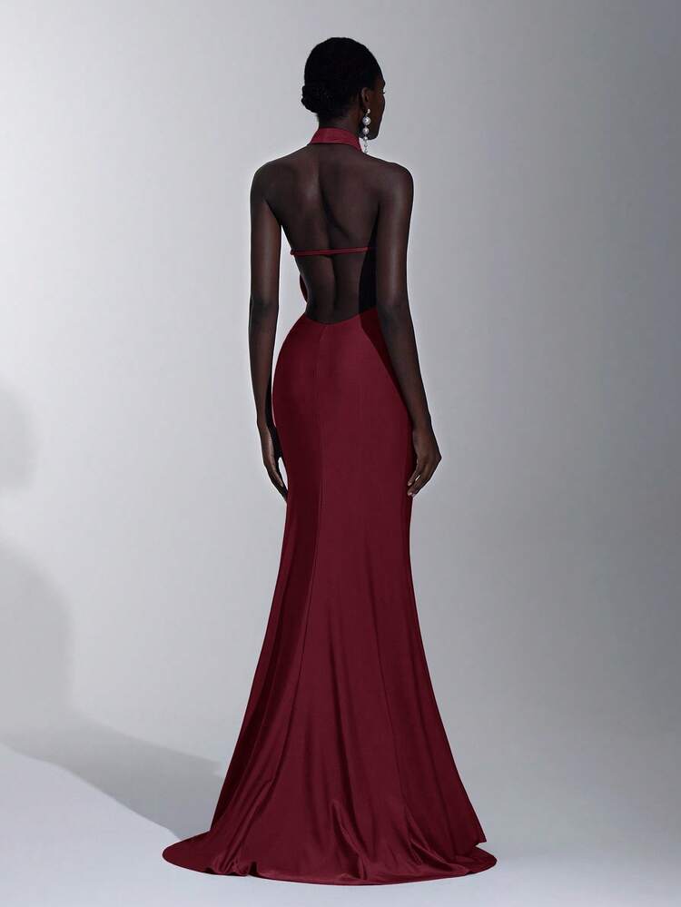 Elitara 优雅、浪漫、性感、简约、蓝色、有弹性、露背、露肩、紧身、3D 花卉、鱼尾下摆、时尚、网红风格、节日、度假、生日派对、婚礼活动、伴娘礼服 - 紫紅色 - 查看 2