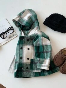 Baby Jungen/Mädchen karierte doppelreihige Kapuzenjacke aus Wollmischung in Mittellänge, lässig und vielseitig für Zuhause undOutdoorn, koreanischer Stil Baby Jungen Jacke in grünem Karomuster, Baby Jungen Jacke, Baby Jungen doppelreihige Jacke, Herbst Winter Kleidung für Kinder - Verschiedenfarbig - Übersicht 4