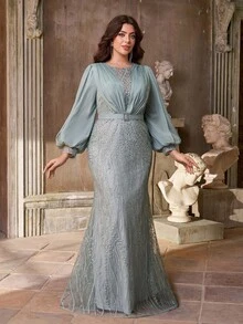 Aureia فستان أنيق وفاخر بأكمام فانوس مطرز بترتر رمادي أخضر، بخصر مزين بحزام ترتر وذيل مرمر مناسب لحفلات المساء، حفلات العزاب، المواعدة، الحفلات الرسمية، حفلات التخرج، الزفاف (ثقيل الوزن)