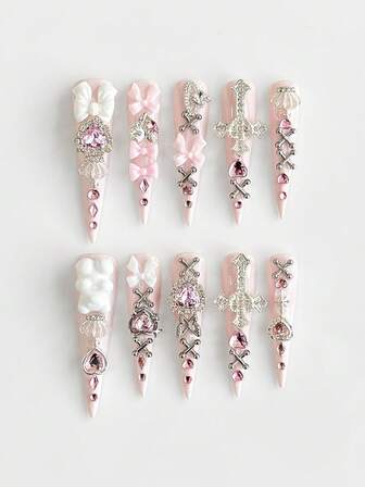 Anime 10pcs Cute Bowknot Music Note Star Element High Quality Handmade False Nails + 3pcs Double-Sided Adhesive, Y2K French Style Rhinestone Chain Polka Dot Removable Nail Art Stickers, Suitable For Holidays, Parties, Dancing And Daily Wear