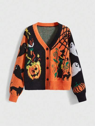 Fairycore Cardigan femme avec éléments d'Halloween - Chat noir, fantôme, citrouille, cardigan tricoté avec motifs de vignes, style vintage pour un port quotidien