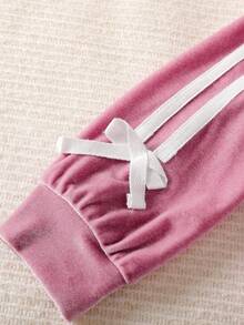 SHEIN Playful Pals 2pcs Baby Girl Knitted Casual Outfit, Purple Cute Bow Tie Long Sleeve Sweatshirt And Pants Set, Quality Fabric, Fashion Leisure Style, Suitable For Outings And Commuting Fall Winter Baby Girl Long Sleeve Set Baby Girl Sweat Set Toddler Girl Two Piece Set