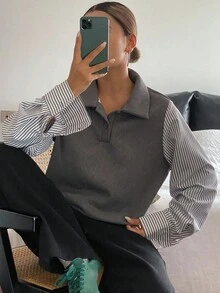 Livesso 女士秋冬保暖内衬卫衣，宽松商务休闲条纹撞色翻领衬衫式保暖内衬 - 灰色 - 查看 6