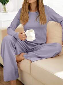 Donna 2 pezzi Set di abbigliamento da casa con top a maniche lunghe e collo rotondo e pantaloni in maglia a costine, comodo e rilassante