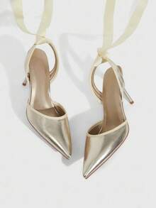 CUCCOO SZL Women's Fashion Pointed Toe Black Satin Ribbed Ribbon Tie Up Ankle Strap Suitable For Evening Party, Wedding, Stiletto High Heel Shoes - Gold - View 2