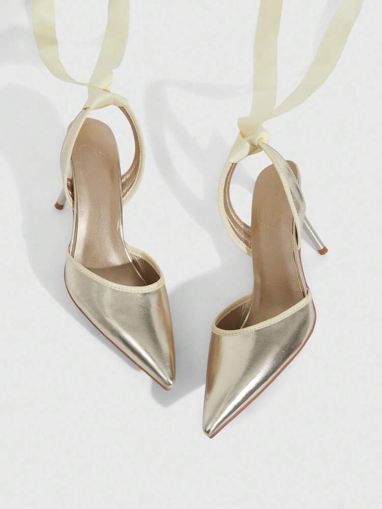 CUCCOO SZL Women's Fashion Pointed Toe Black Satin Ribbed Ribbon Tie Up Ankle Strap Suitable For Evening Party, Wedding, Stiletto High Heel Shoes