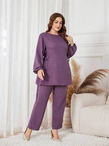 Al Najma Plus Size Women Arabic Style Set: Solid Color Round Neck Long Sleeve Tie-Waist Shirt And Elastic Waist Slim Pants, Suitable For Spring And Autumn