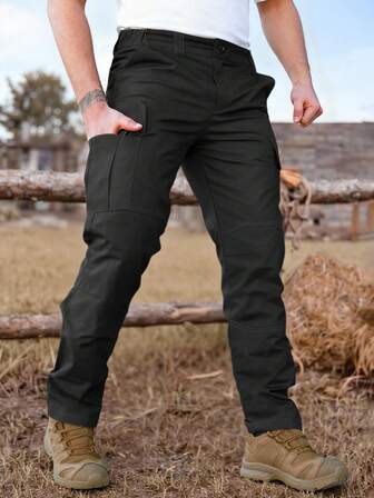 Manfinity Nomadique Men's Black Loose Straight Leg Tactical Pants, Outdoor, Fall