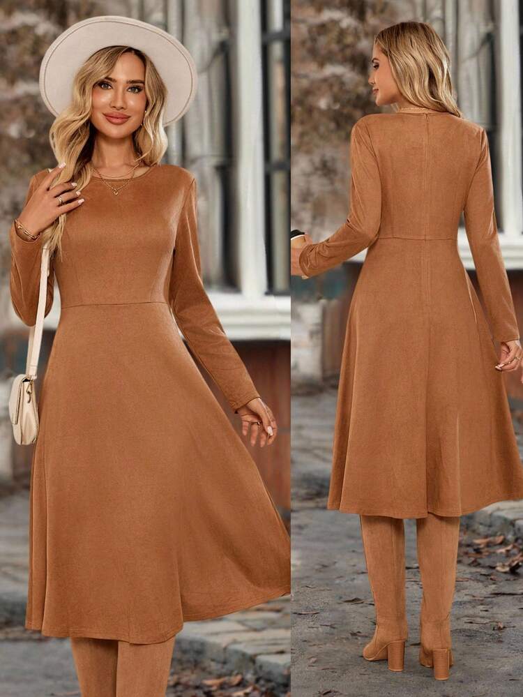 Women's Fall Waisted Long Sleeve Dress, Solid Color, Autumn Brown Halloween Winter Dress