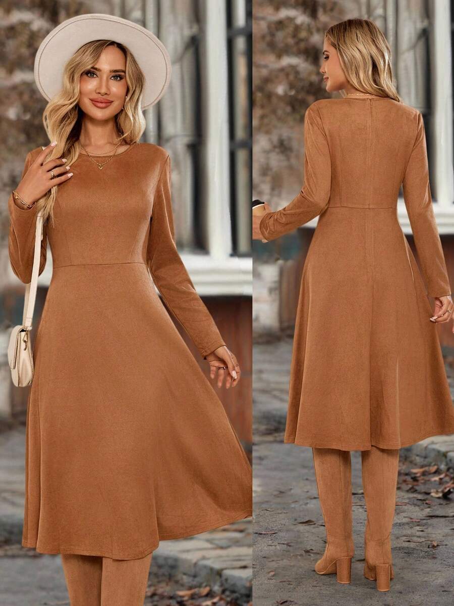 EMERY ROSE Vestido de manga larga con cintura para mujer, unicolor, marrón otoñal, vestido de invierno de Halloween - Marrón - Ver 1