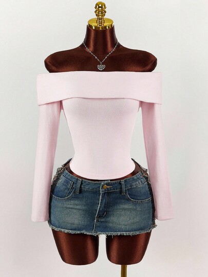 Amplova Camiseta ajustada de punto con hombros descubiertos para mujer en color rosa