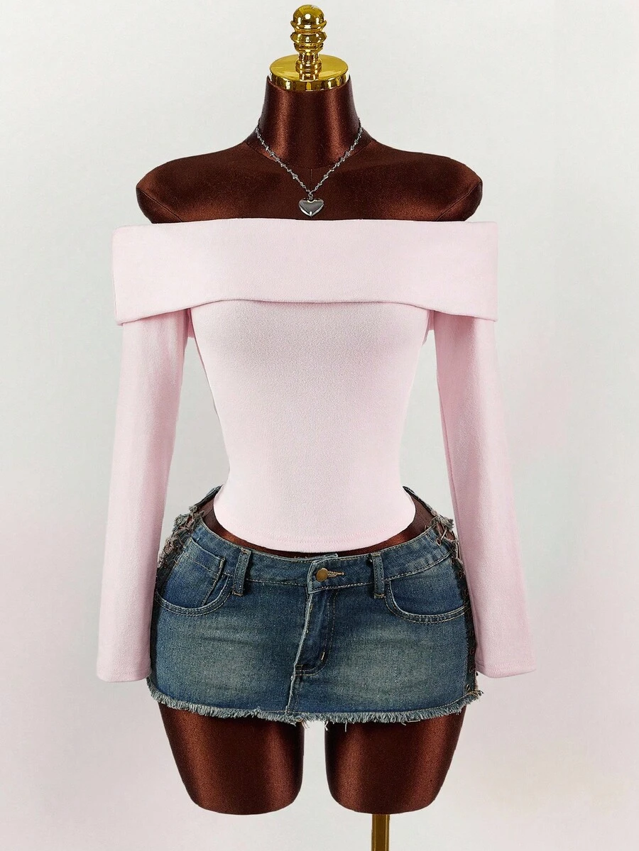 Amplova 女士粉色针织露肩修身T恤 - 粉色 - 查看 1