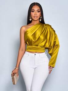 SOLERSUN Áo cánh satin dài tay xếp ly một bên vai thanh lịch dành cho nữ, áo dài tay vải thu dành cho nữ - Màu Mù tạt vàng - Xem 6