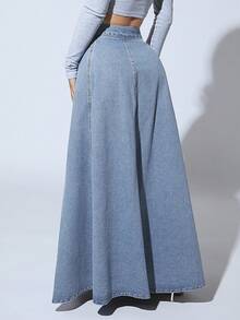 SHEIN PETITE 纽扣休闲百搭日常女式牛仔半身裙 - 藍色 - 查看 2