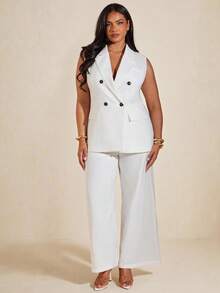 SHEIN BAE Conjunto de chaqueta y pantalones holgados de talla grande para mujer, de unicolor, con cuello de solapa y doble botonadura, para otoño/invierno