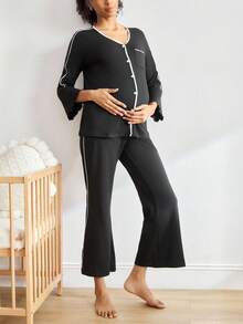 Moonlight&Mama 休闲时尚哺乳上衣和裤子孕妇家居服、秋季服装、舒适服装 - 黑色 - 查看 4