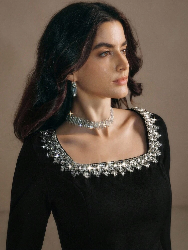 Women's Elegant Commuter & Date Night Dress, Ruffle Hem, Black Long Sleeve Square Neck Embellished Fitted Mini Dress, Autumn