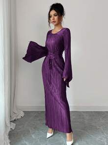 Elenzga 女式纯色圆领喇叭袖腰带设计褶皱修身优雅连衣裙 - Bold Plum - 查看 4