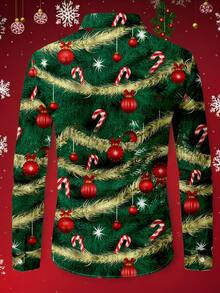 Manfinity Homme 3D Christmas Tree Decoration Shirt - Green Pine Tree All-Over Print Long Sleeve Button-Down Red Ornaments Gold Garland Realistic Pattern, Candy Canes Sparkle Holiday Elements, Creative Party Essential Shirt,Men Casual Christmas Element All-Over Print Long Sleeve Shirt, Fall - Multicolor - View 3
