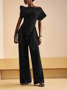 Zivah 2025 秋季新款音乐节、复活节、圣帕特里克节、西部风、游牧风、生日派对、毕业典礼、学院风、学生装、日常休闲、基础百搭、休闲、度假、邮轮旅行、海滩、日光浴、网络热播、街头服饰、婚礼宾客波西米亚风、通勤、早午餐、机场、派对、节日郊游、优雅宴会不对称荷叶边袖上衣和阔腿裤黑色两件套 - 黑色 - 查看 4