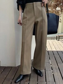 DAZY 女士纯色修身直筒裤，优雅百搭，休闲工作皆宜，厚实羊毛混纺面料，秋冬商务装 - 棕色 - 查看 1